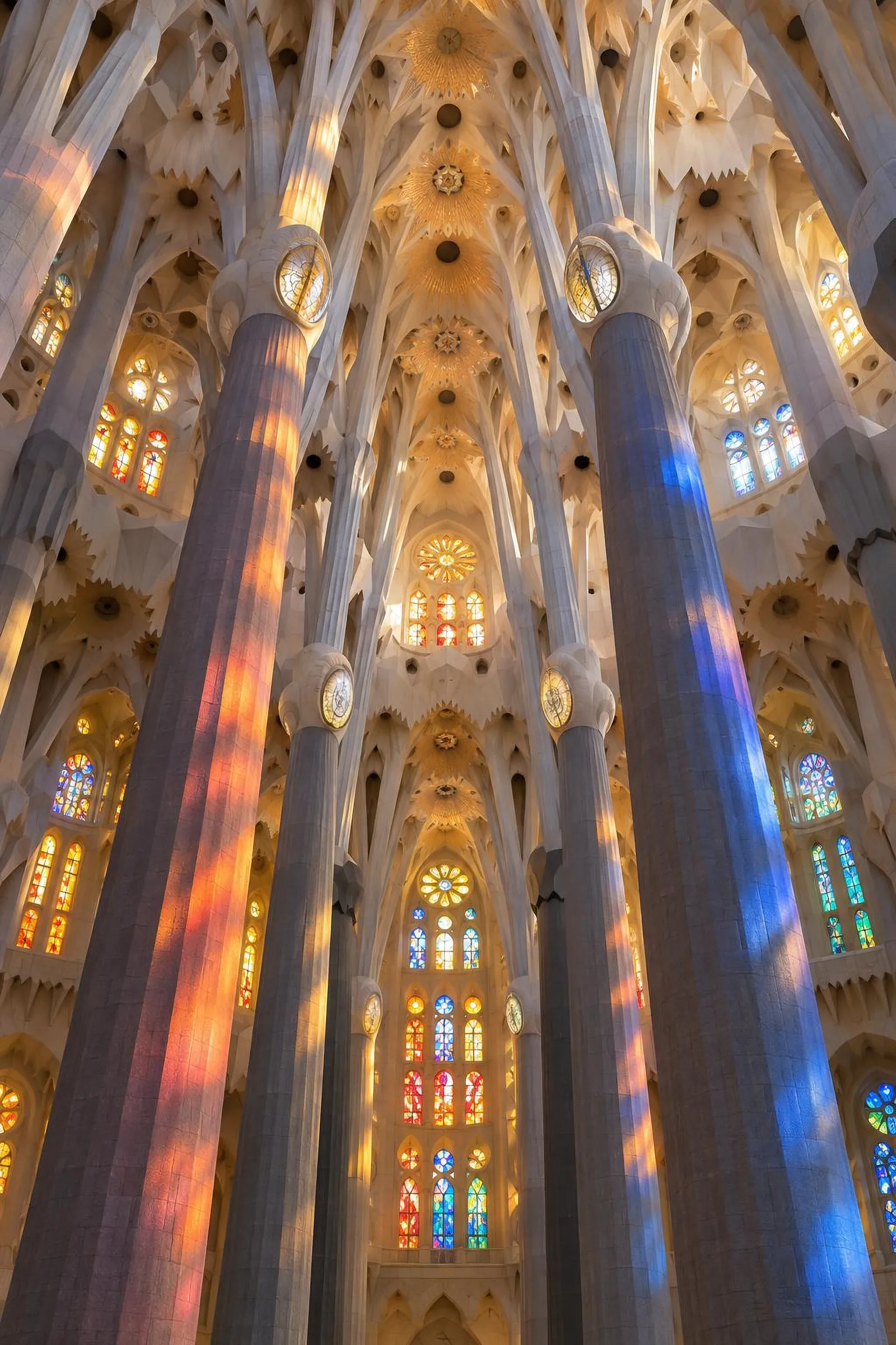 Bosque de columnas bajo la luz de las vidrieras