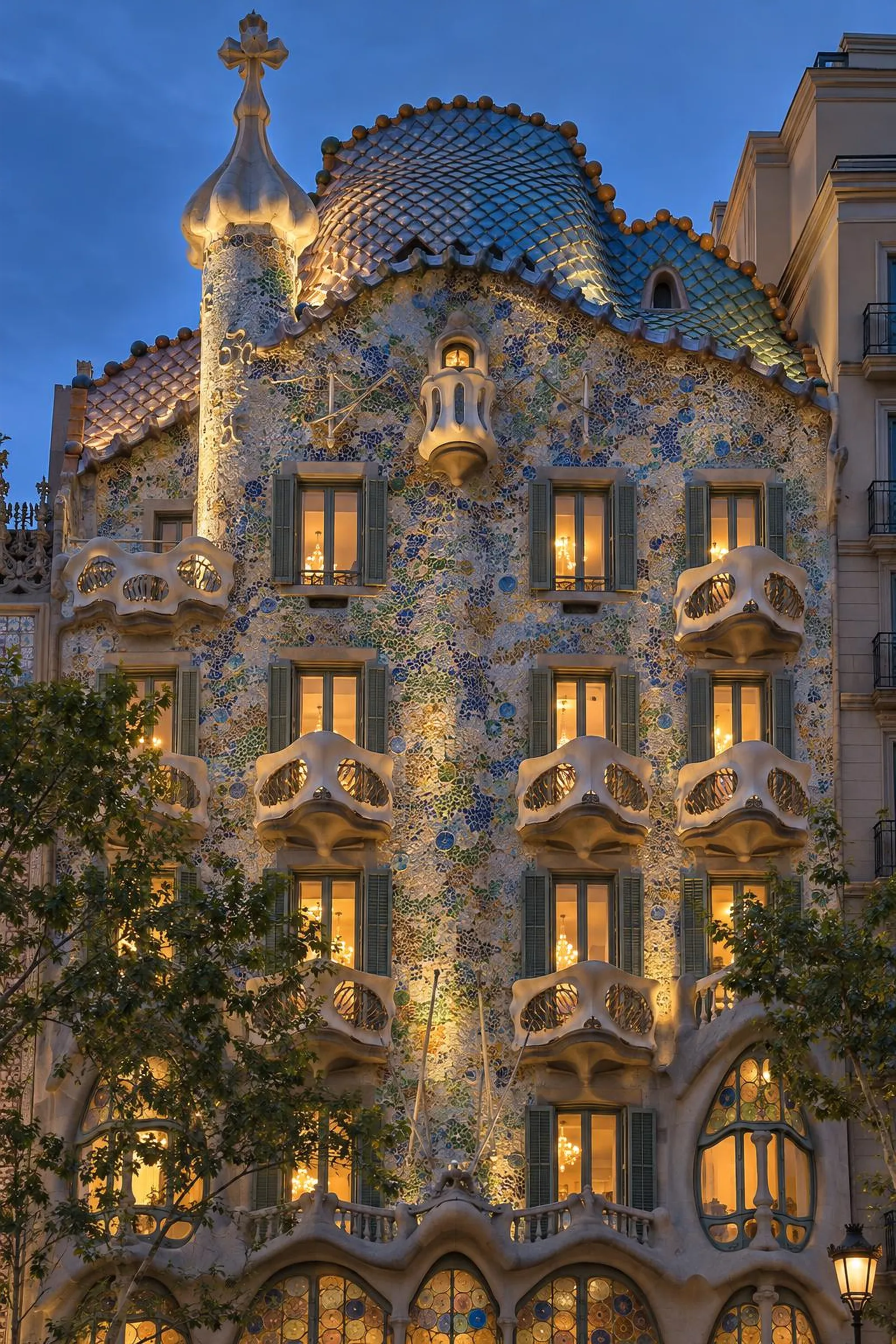 Fachada modernista de Barcelona a la hora azul