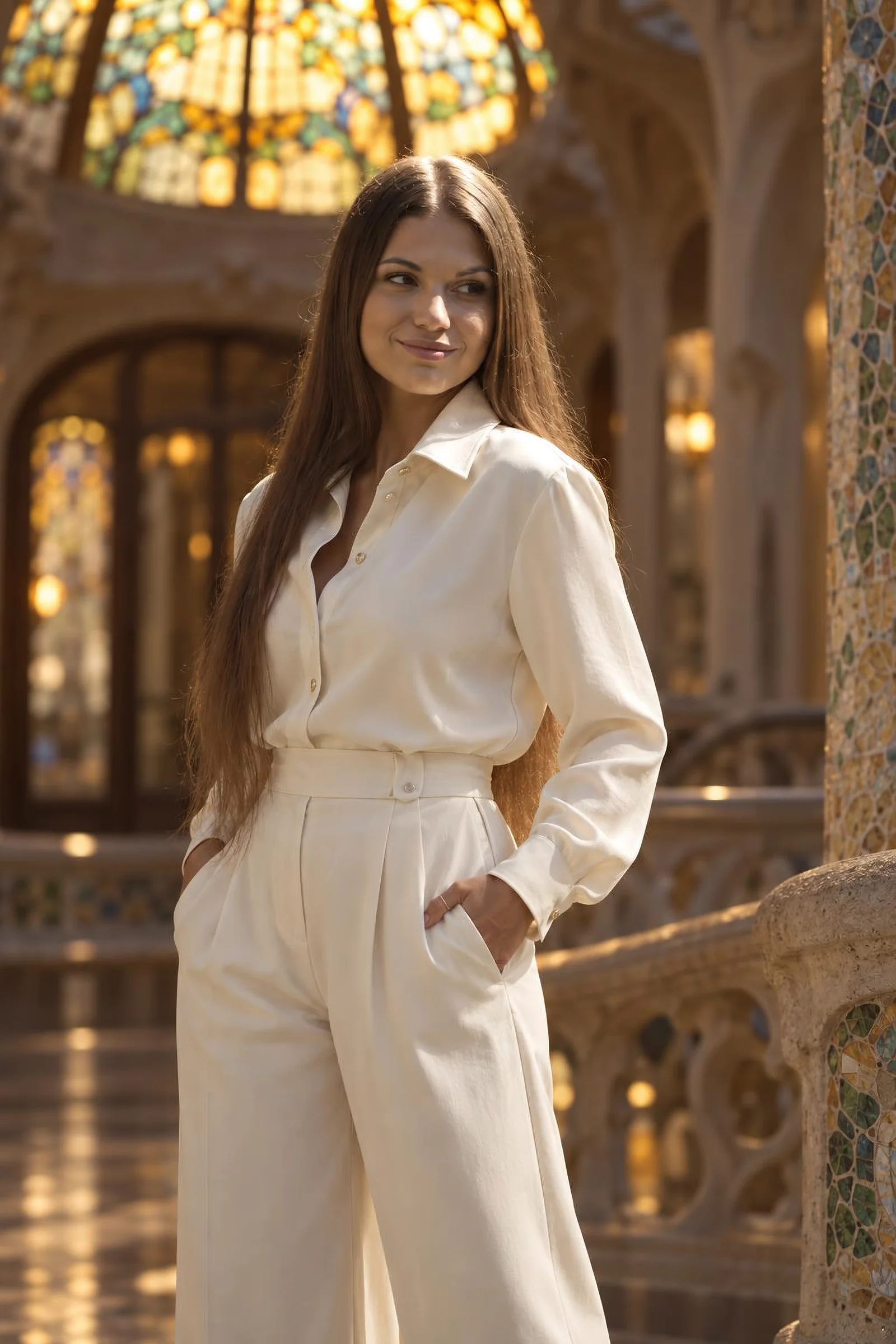 Maryna Svistunova bajo una vidriera