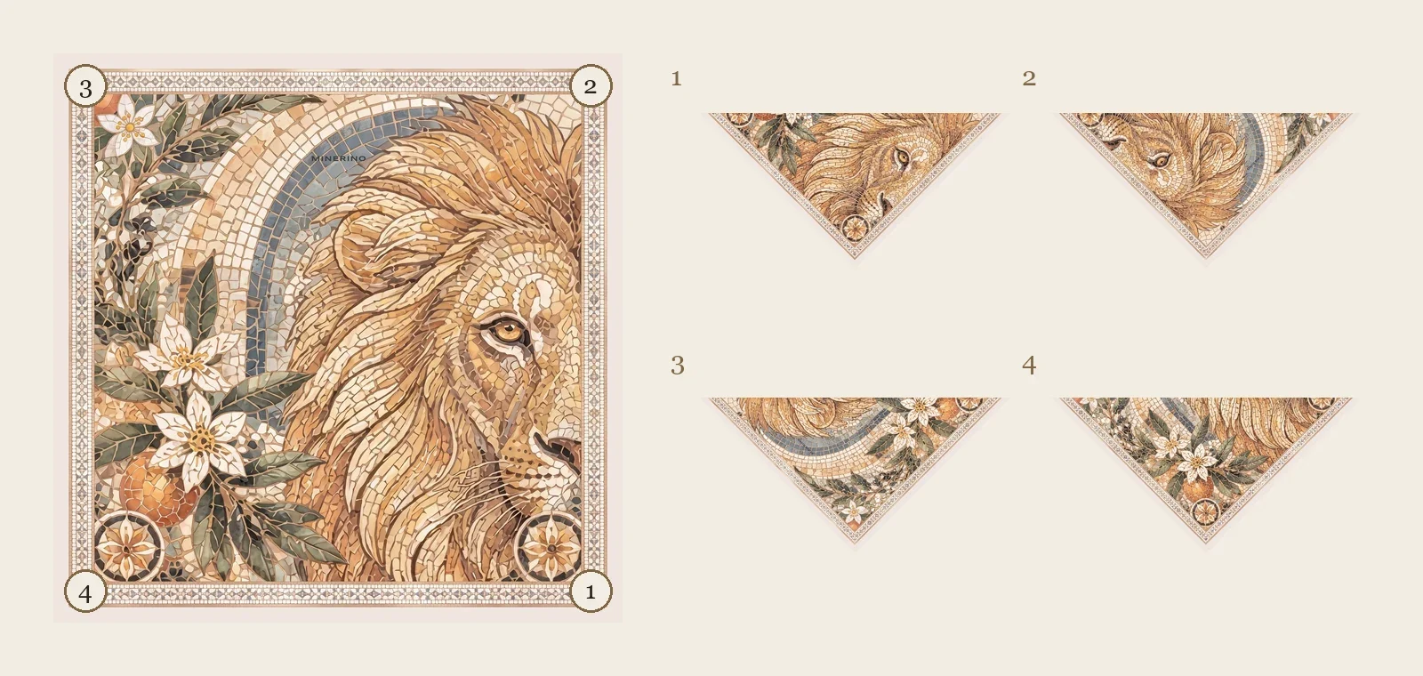 Die vier Arten, das Carré Lion zum Dreieck zu falten, eine pro Ecke